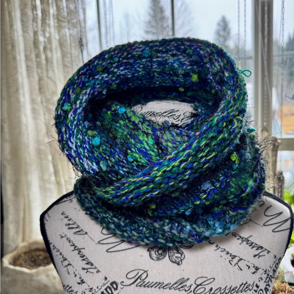 Premium Wool Infinity Scarf —Witchy Ocean Blues•4-Strand Hand Knit•One-of-a-Kind - Picture 9 of 17